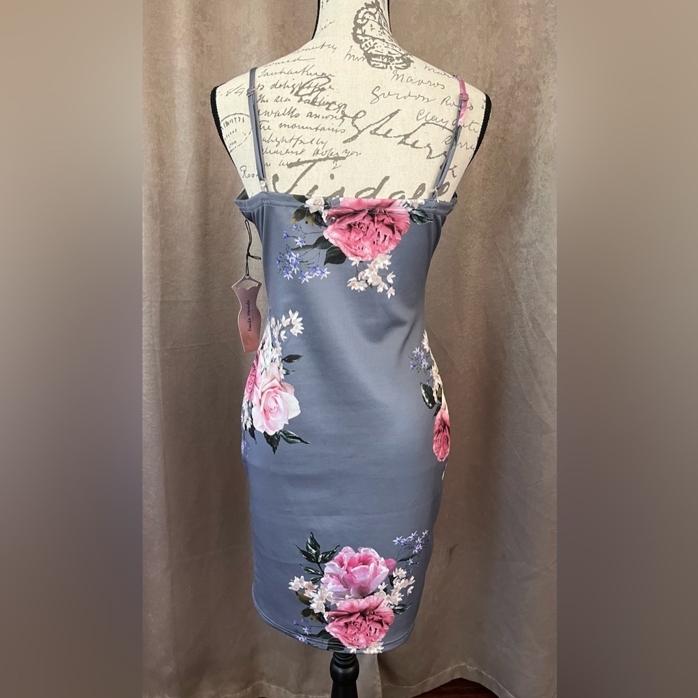 NWT Haute Monde Gray & Pink Floral full zip up mini dress, Bodycon Large 8-10 - Picture 3 of 15